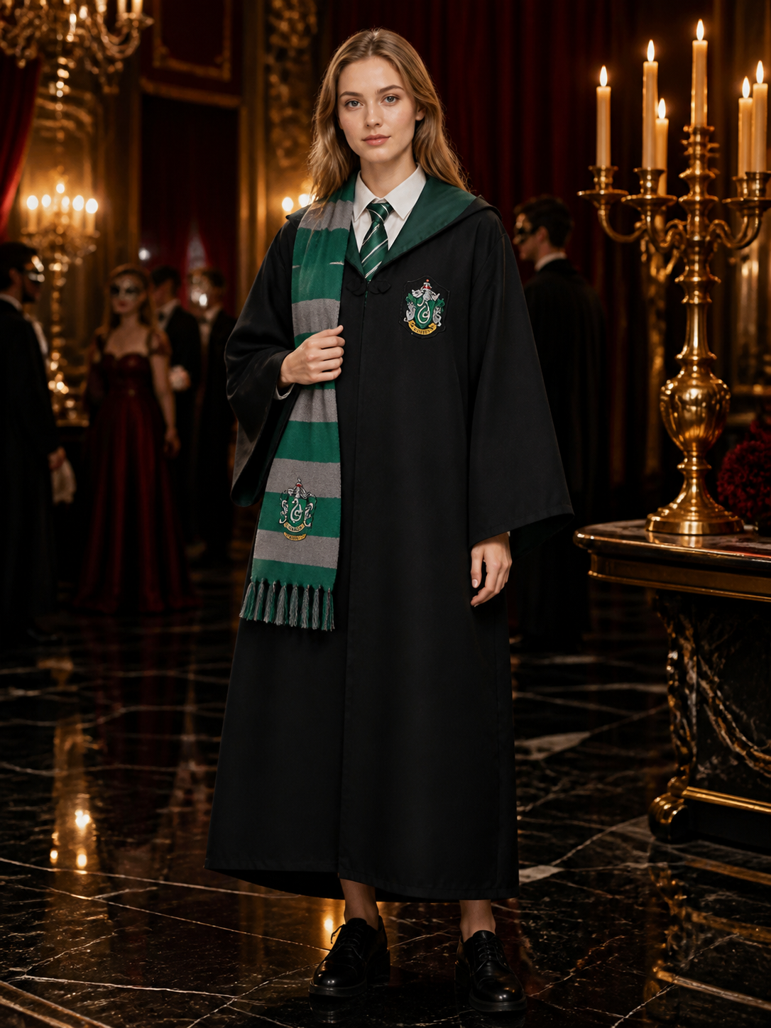 Slytherin Hooded Wizard Robe Costume Set with Tie and Scarf - Green Gray Costumes detail