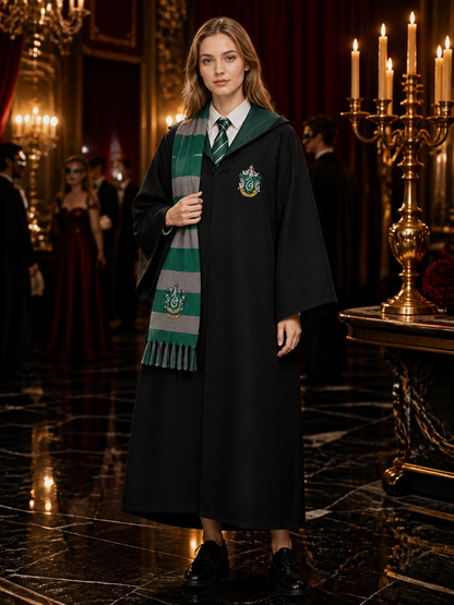 Slytherin Hooded Wizard Robe Costume Set with Tie and Scarf - Green Gray Costumes detail