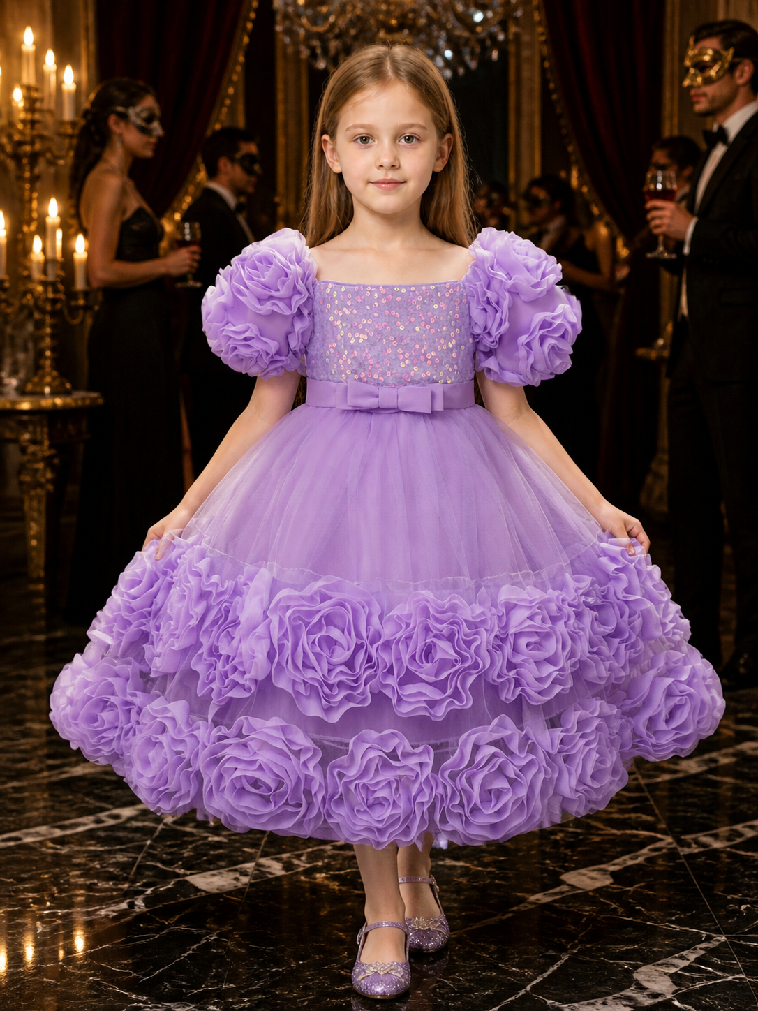 Toddler Girls' Purple Sequined Princess Dress with Puff Sleeves and Layered Costume Dresses detail