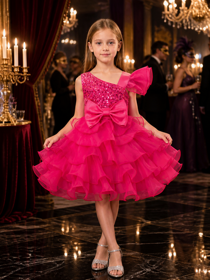Girls' Pink Princess Party Dress with Sequined Bodice and Layered Ruffle Skirt Costume Dresses detail