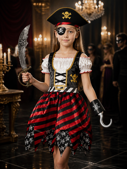 Kids Pirate Costume Set - Dress with Hat, Sword, Eyepatch and Hook Halloween Costume Dresses detail