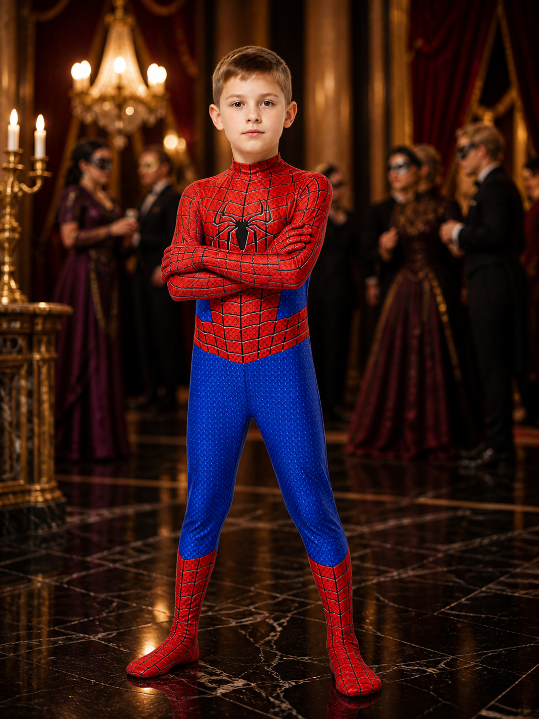 Kids' Spider-Themed Bodysuit Costume, Red Blue Black Web Design With Attached Costumes detail