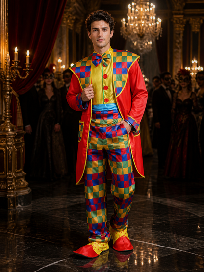 Unisex Clown Circus Costume Set, Multicolor Checkered Coat and Jumpsuit with Bow