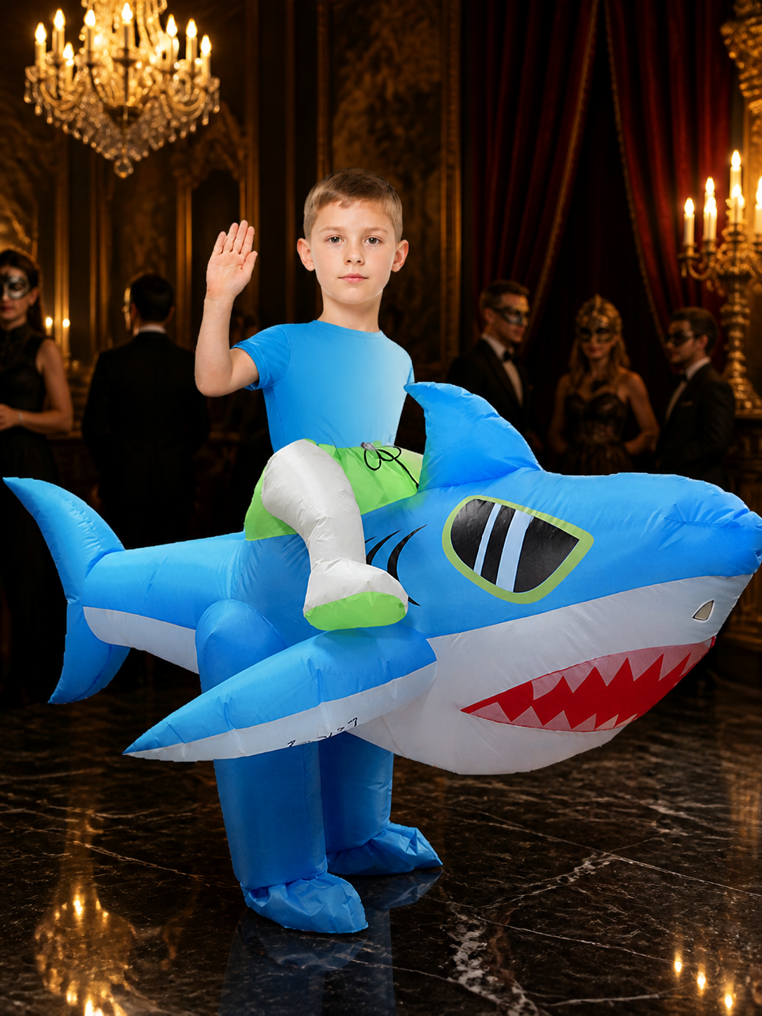 Adult Shark Inflatable Costume, Funny Blue Shark Jumpsuit with Fins and Teeth Costumes detail