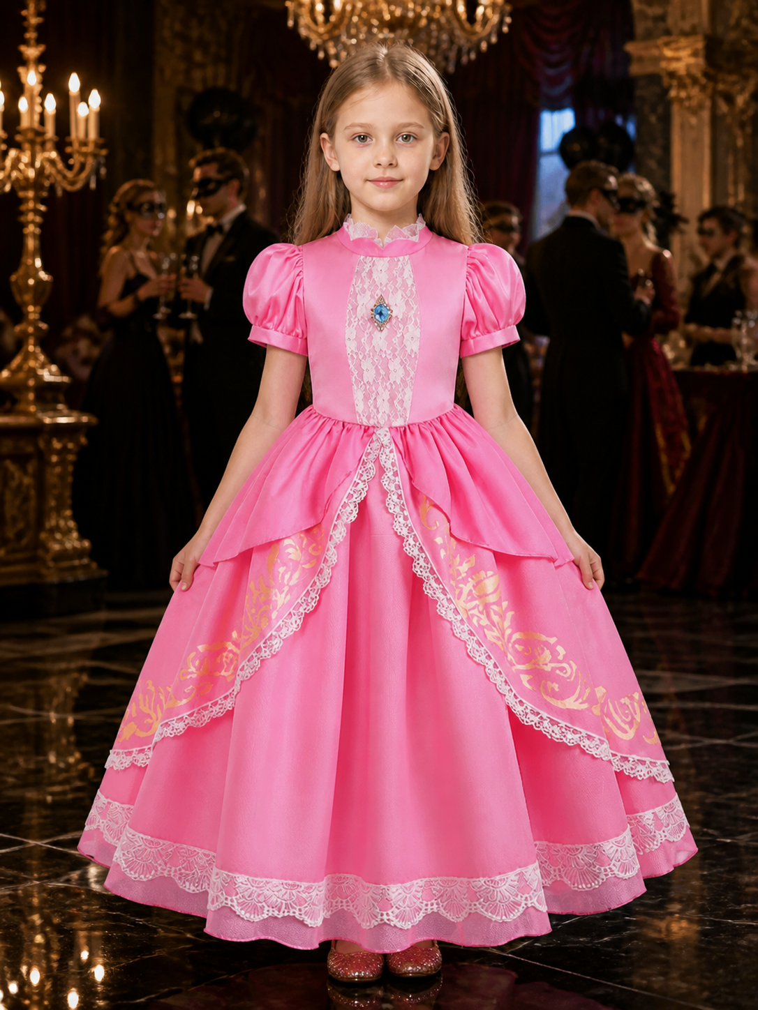 Kids' Pink Princess Costume Dress with Lace Trim, Puff Sleeves and Layered Skirt Costume Dresses detail