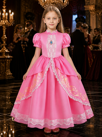 Kids' Pink Princess Costume Dress with Lace Trim, Puff Sleeves and Layered Skirt Costume Dresses detail