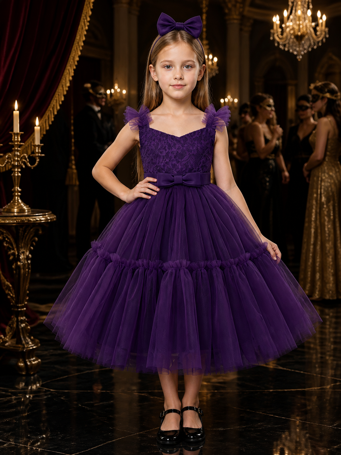Toddler Girls' Purple Princess Dress with Layered Tulle Skirt and Bow Headband Costume Dresses detail