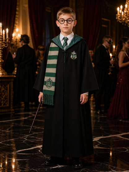 Kids Wizard Costume Set, Black Hooded Robe with Green Striped Scarf, Tie, Wand & Costume Accessories detail