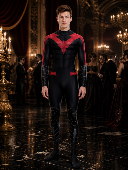 Men's Nightwing Cosplay Red and Black Muscle Print Bodysuit Costume Costumes detail