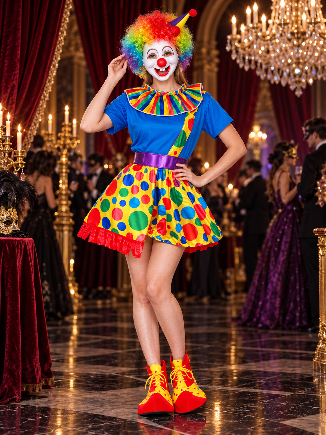Clown Costume 7 Pieces Blue with Polka Dots, Jabot, and Wig