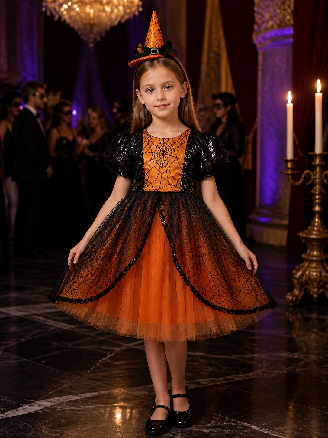 Girls' Witch Costume Dress Set with Hat, Orange Black Spiderweb Lace Halloween Costume Dresses detail