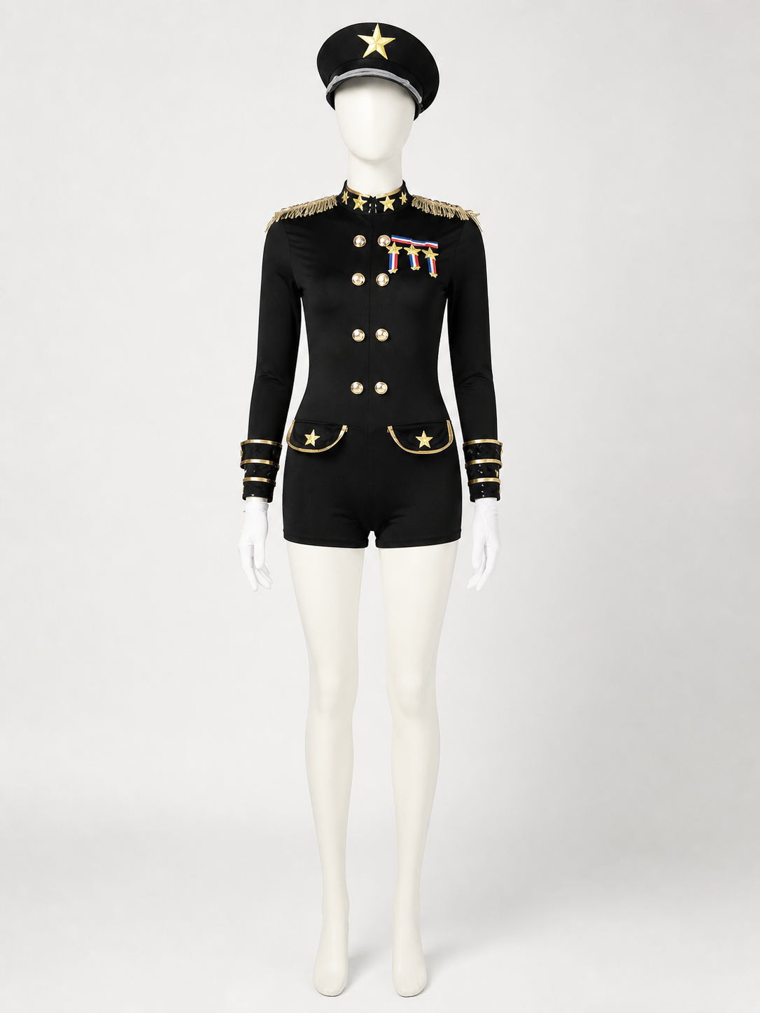 Women's Police Officer Costume, Gold Trim Jumpsuit with Hat and Gloves Costume Headwear detail