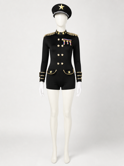 Women's Police Officer Costume, Gold Trim Jumpsuit with Hat and Gloves Costume Headwear detail