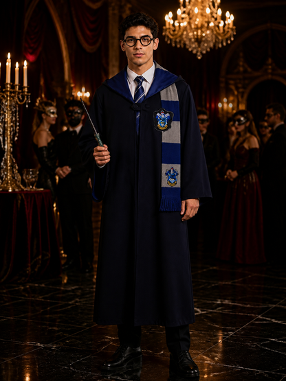 Wizard Robe Costume Set with House Crest, Stripe Tie, Scarf, Glasses & Magic Costumes detail