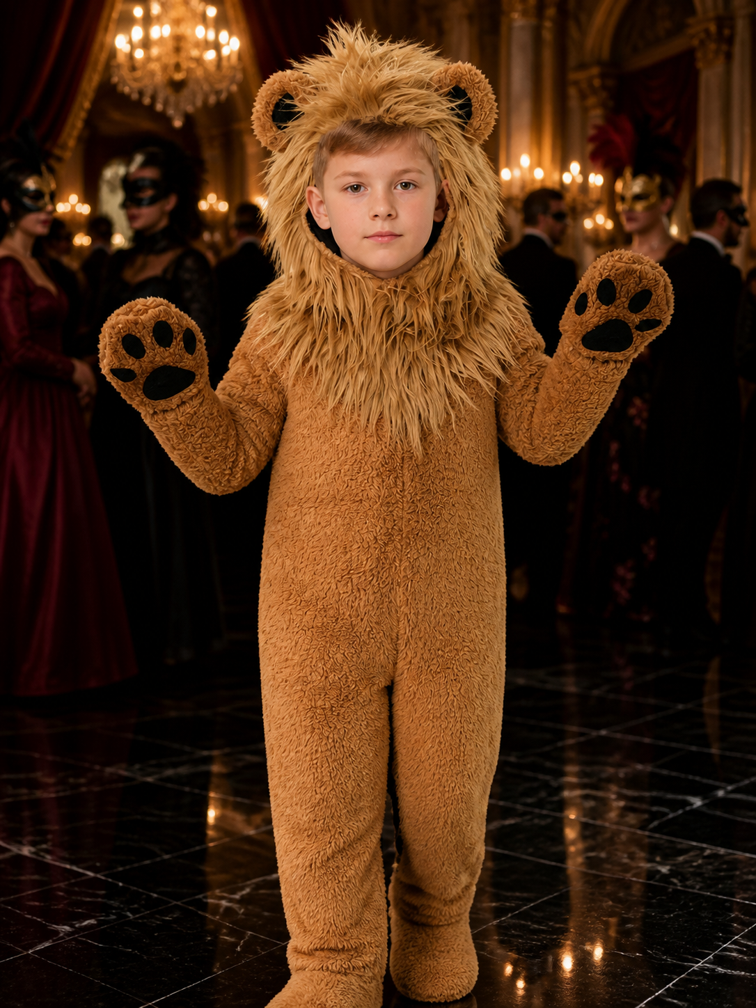 Lion Hooded Animal Costume Bodysuit, Plush Furry Jumpsuit for Halloween Costumes detail