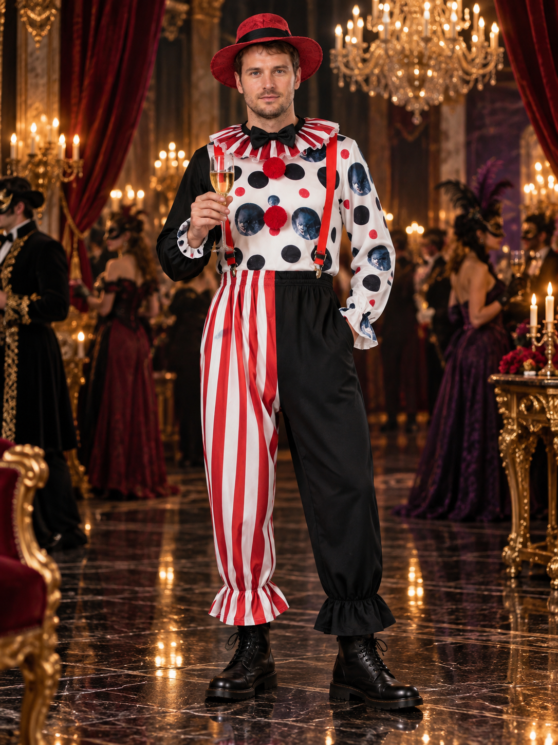 Polka Dot Clown Costume with Bow and Hat
