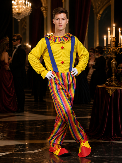 Adult Clown Jumpsuit Costume, Colorful Striped Halloween Outfit with Suspenders Costumes detail