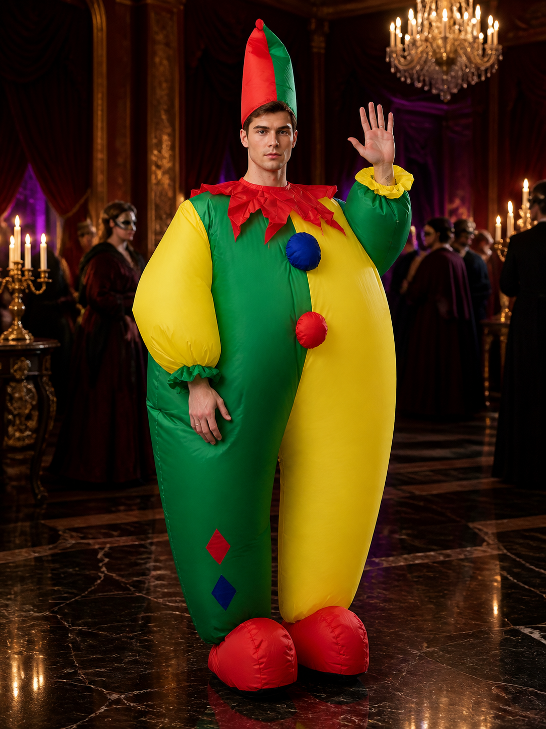 Colorful Jester Clown Inflatable Costume with Diamond Pattern and Jester Hat for Costume Headwear detail