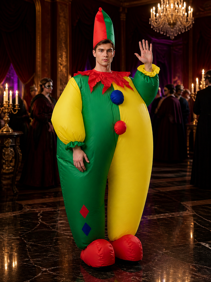 Colorful Jester Clown Inflatable Costume with Diamond Pattern and Jester Hat for Costume Headwear detail