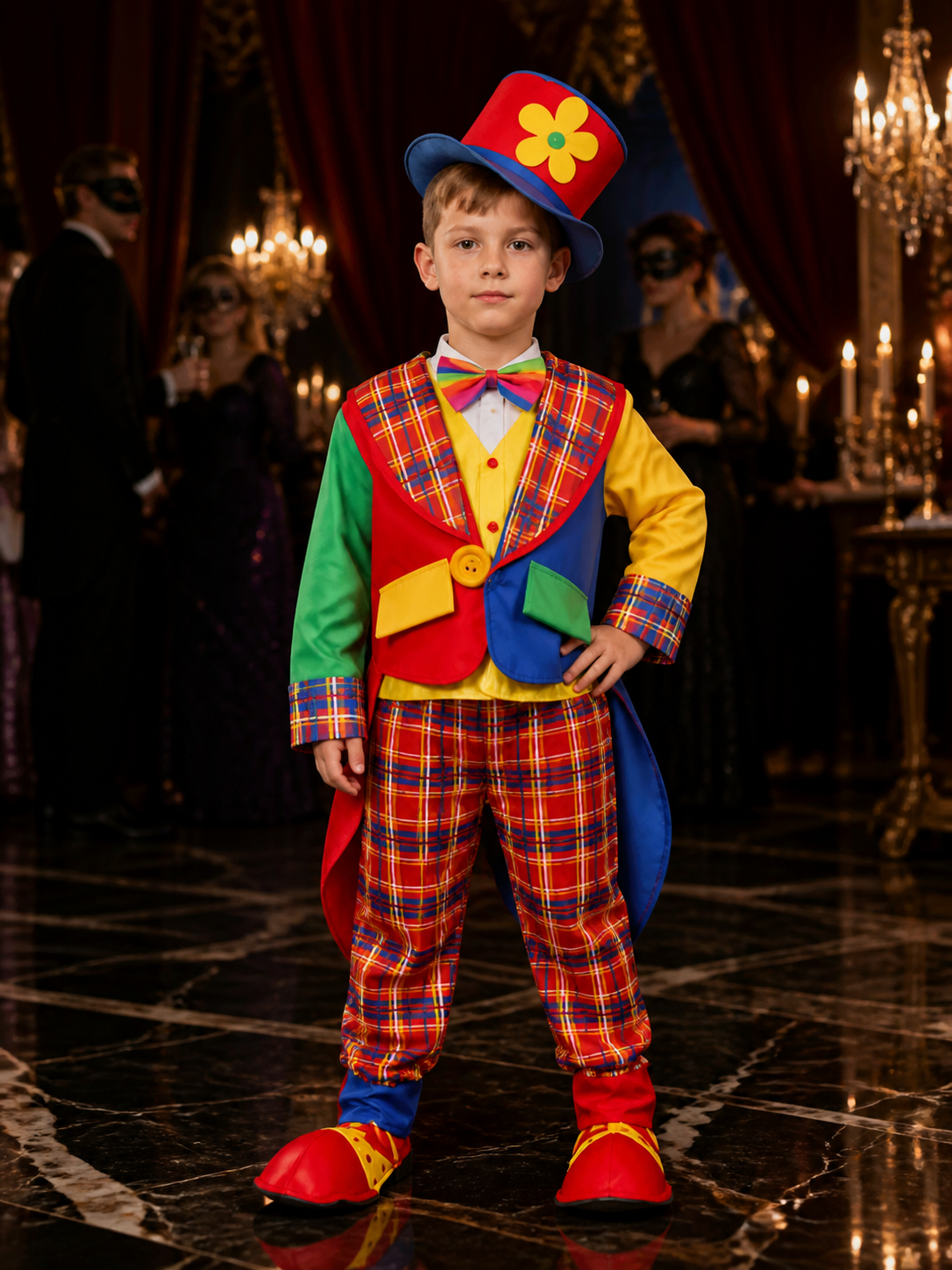 Kids Clown Circus Costume Set, Multicolor Shirt, Pants, Hat and Bow Tie Costume Headwear detail
