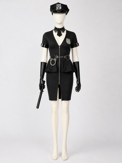 Women's Black Police Officer Halloween Costume Set with Hat, Gloves, and Costume Headwear detail
