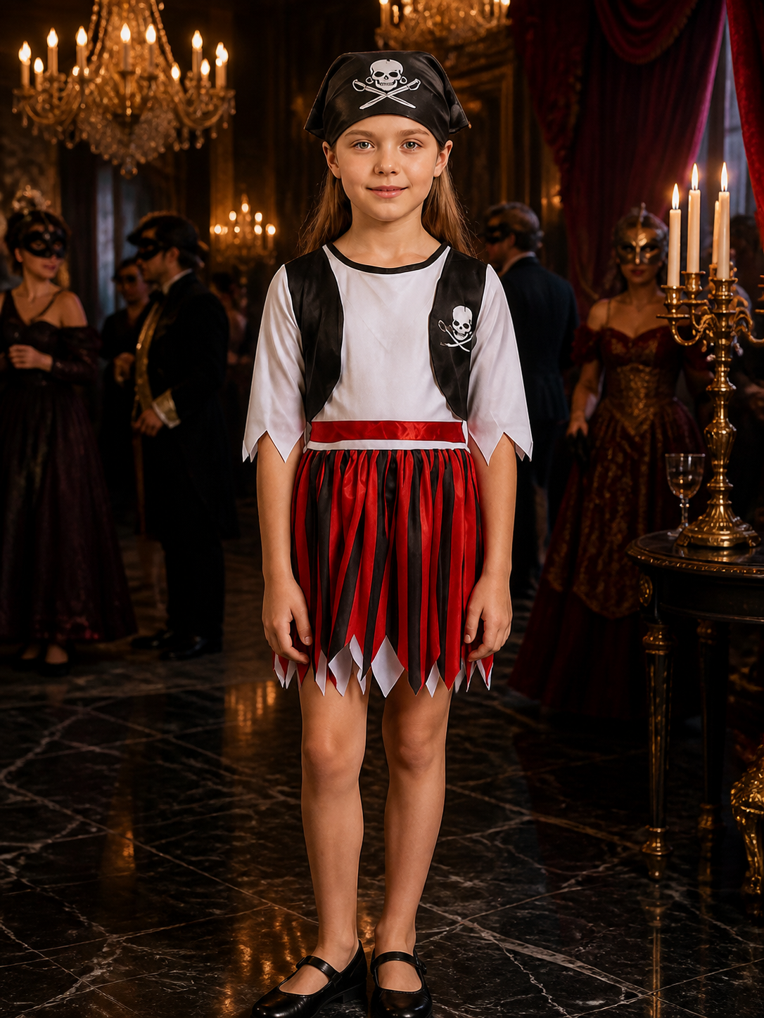 Kids Pirate Costume Set, White Top with Black Vest and Red Black Striped Skirt Costumes detail