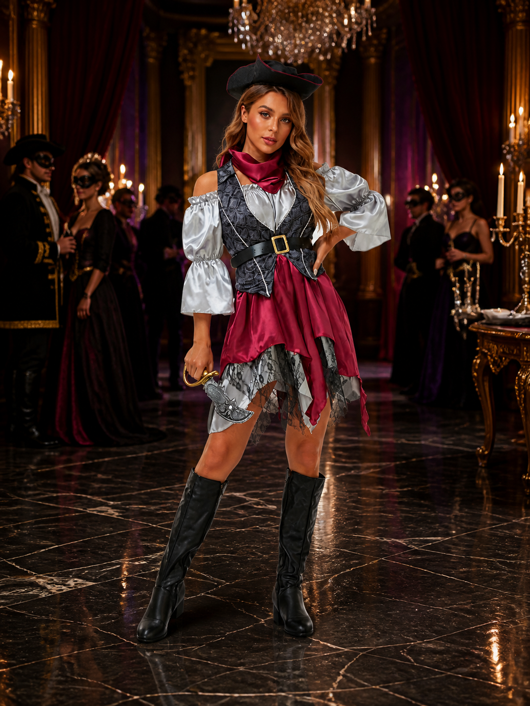 Women's Pirate Costume Set with Asymmetric Skirt, Lace Trim & Tricorn Hat Costume Headwear detail