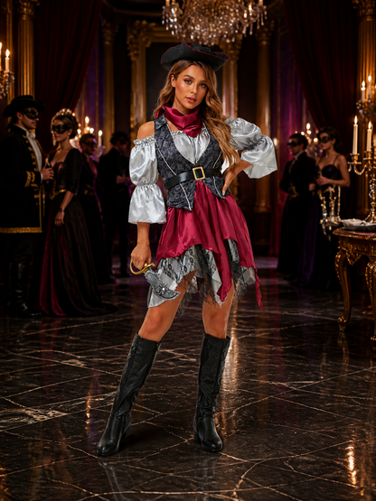 Women's Pirate Costume Set with Asymmetric Skirt, Lace Trim & Tricorn Hat Costume Headwear detail