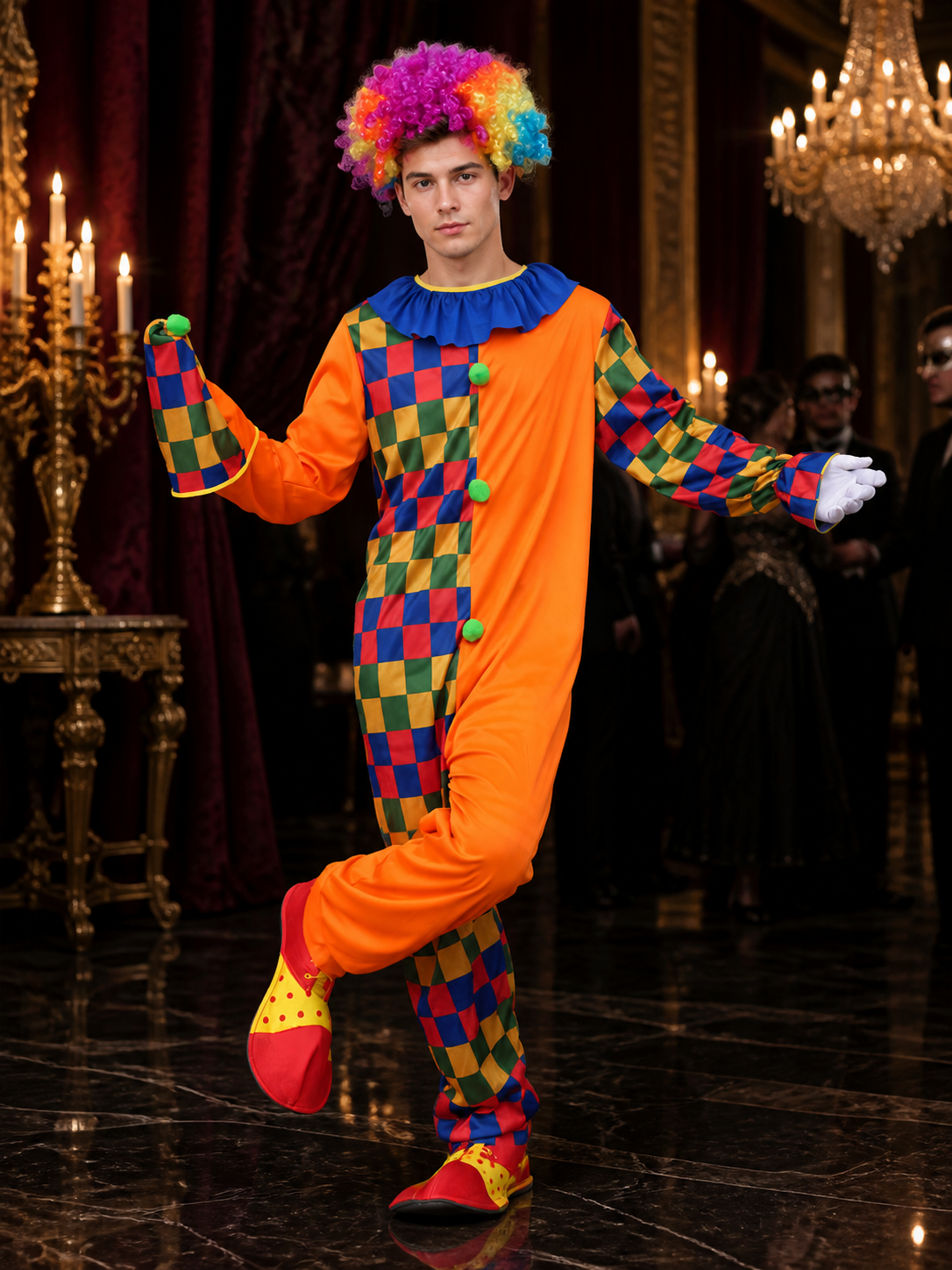 Unisex Adult Jester Costume Jumpsuit, Colorful Checkered with Hat for Halloween Costume Headwear detail