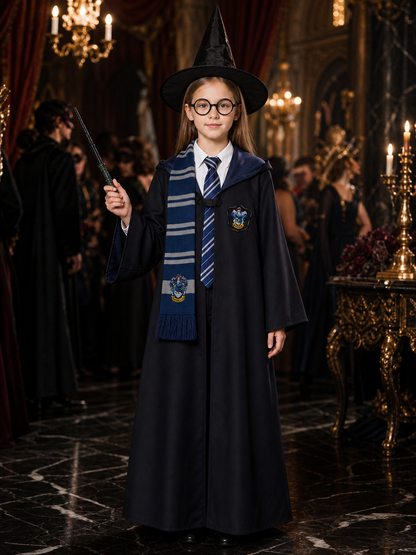 Wizard Cosplay Costume Set - Blue Robe with Scarf, Tie, Hat, Glasses and Wand Costume Headwear detail