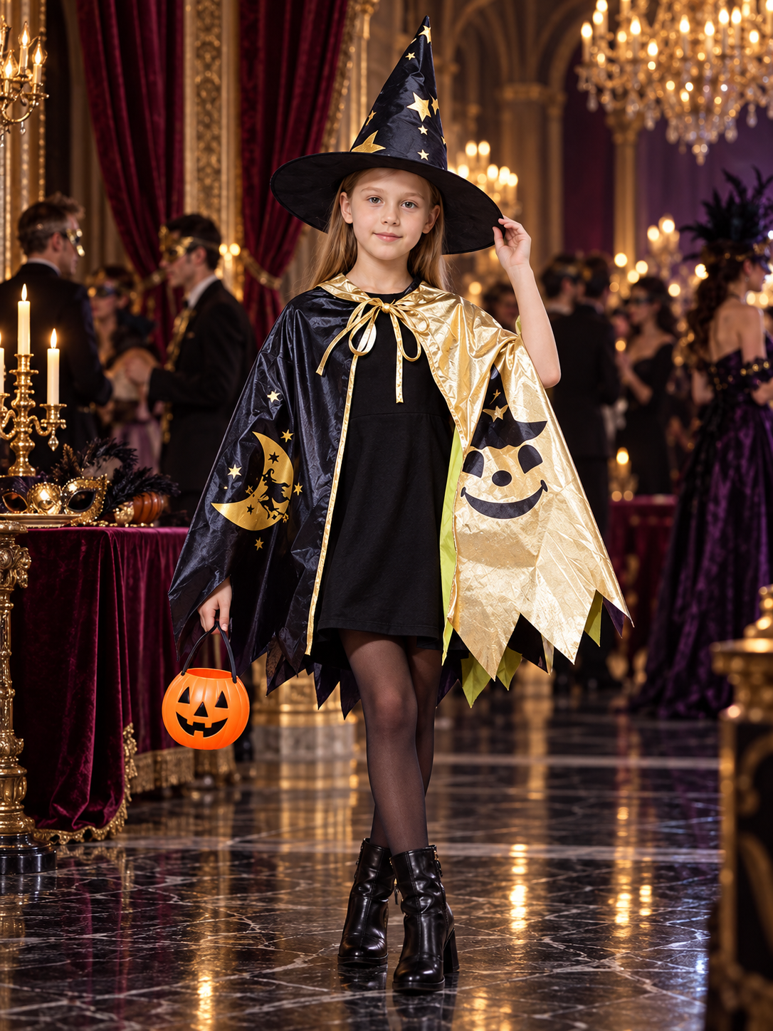 Kids' witch carnival costume with cape and hat
