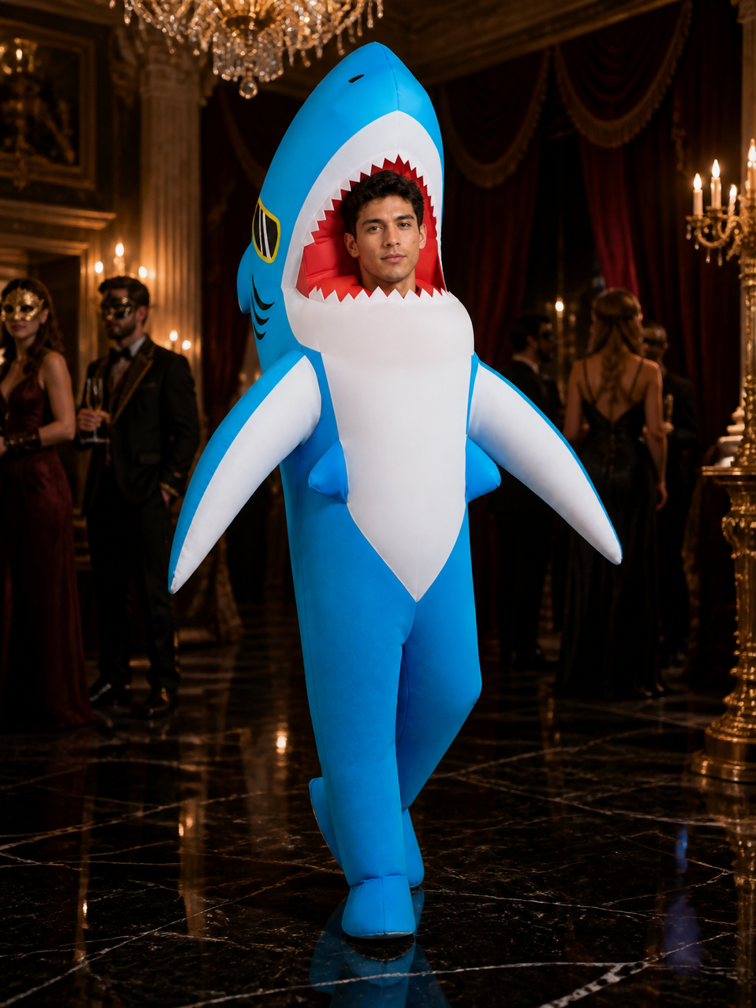 Unisex Shark Costume Jumpsuit, Inflatable Halloween Funny Outfit with Fins and
