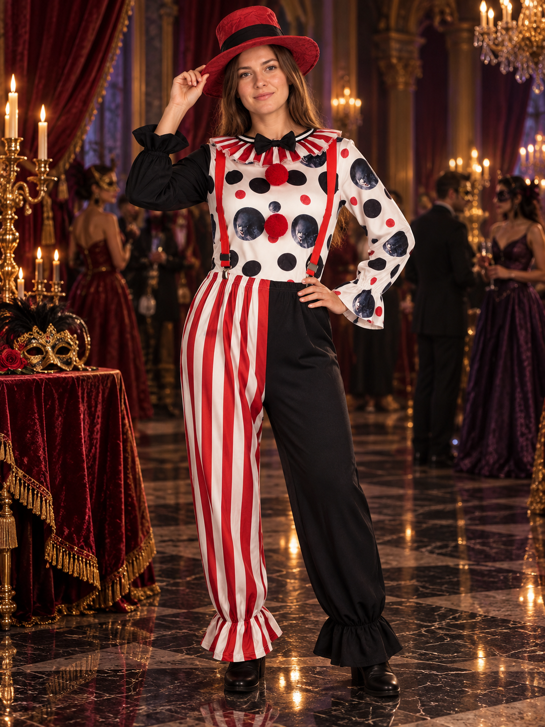 Clown Costume with Red Hat, Suspenders and Pants