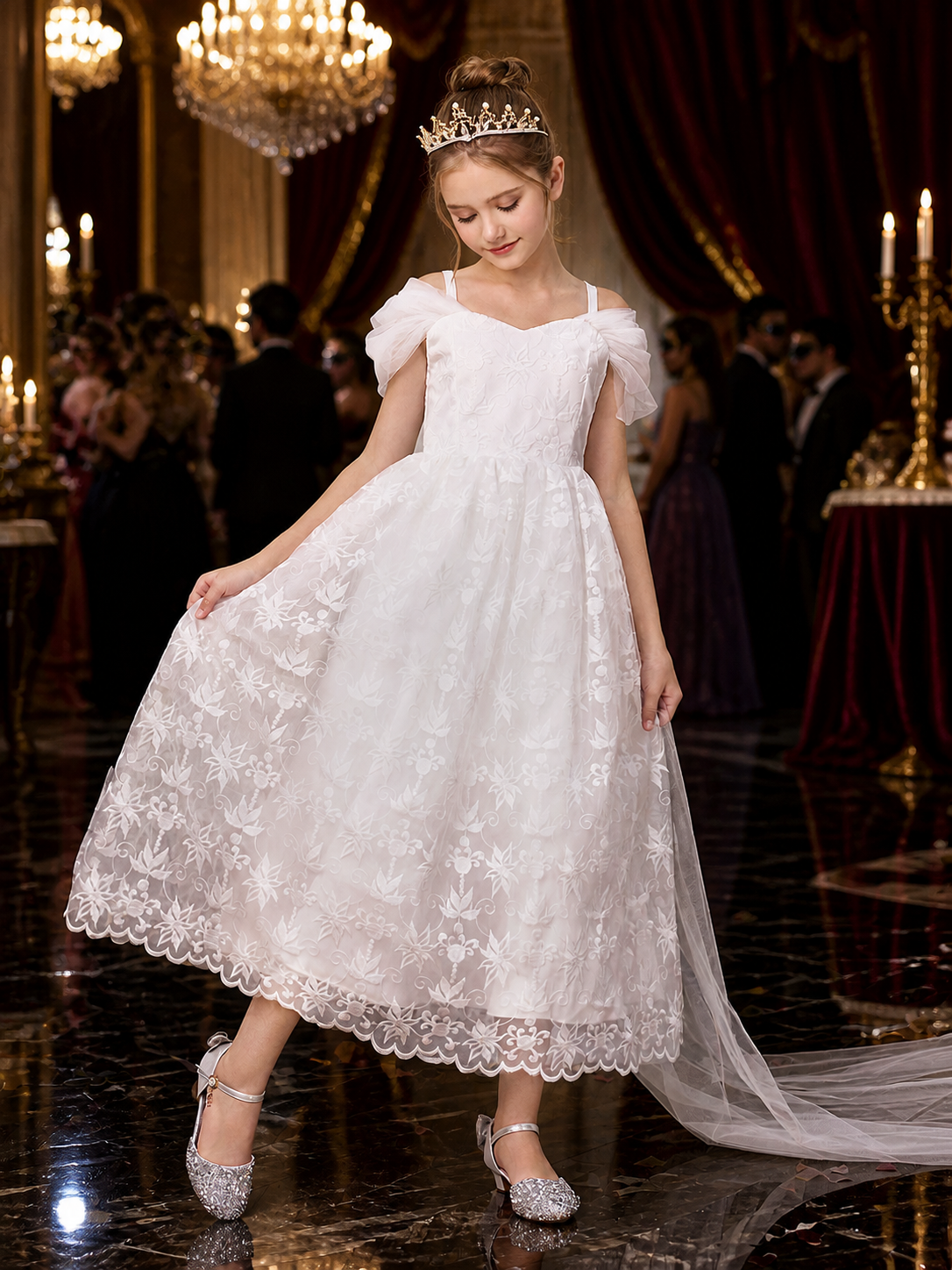 Girls' White Princess Formal Dress with Floral Embroidery and Long Train Costume Dresses detail