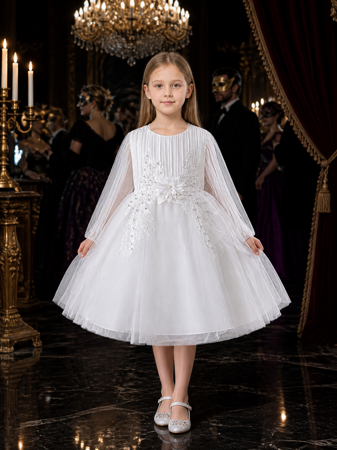 Girls' White Princess Dress, Long Sleeve Tulle Flower Girl Party Outfit Costume Dresses detail