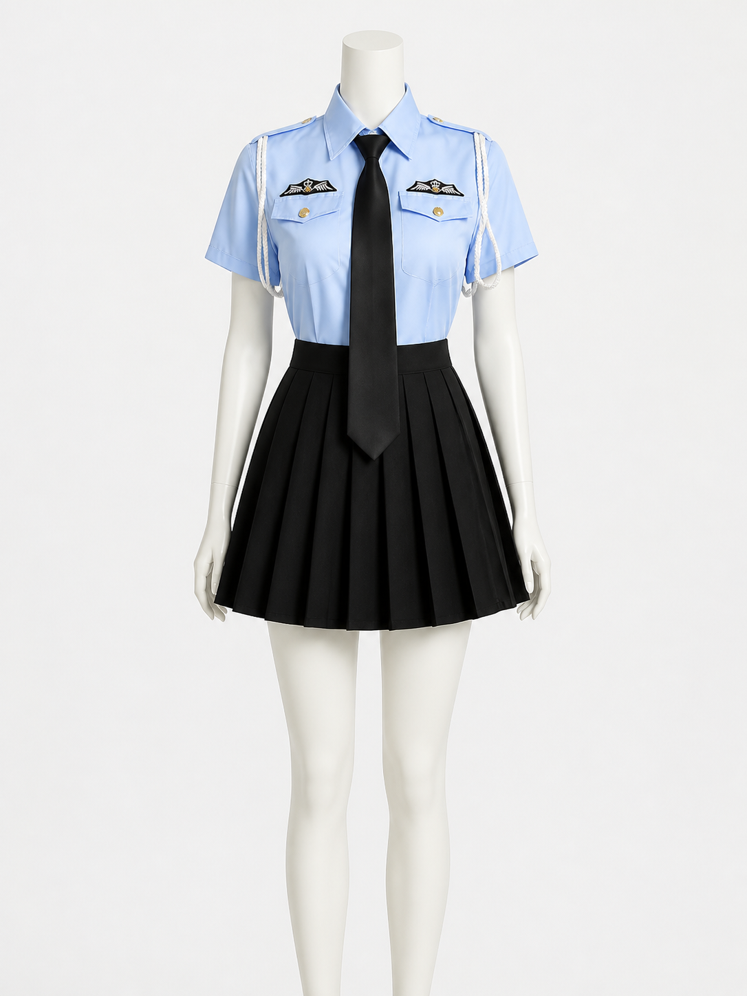 Women's Short Sleeve Light Blue Police Costume Set with Pleated Skirt and Tie Costumes detail