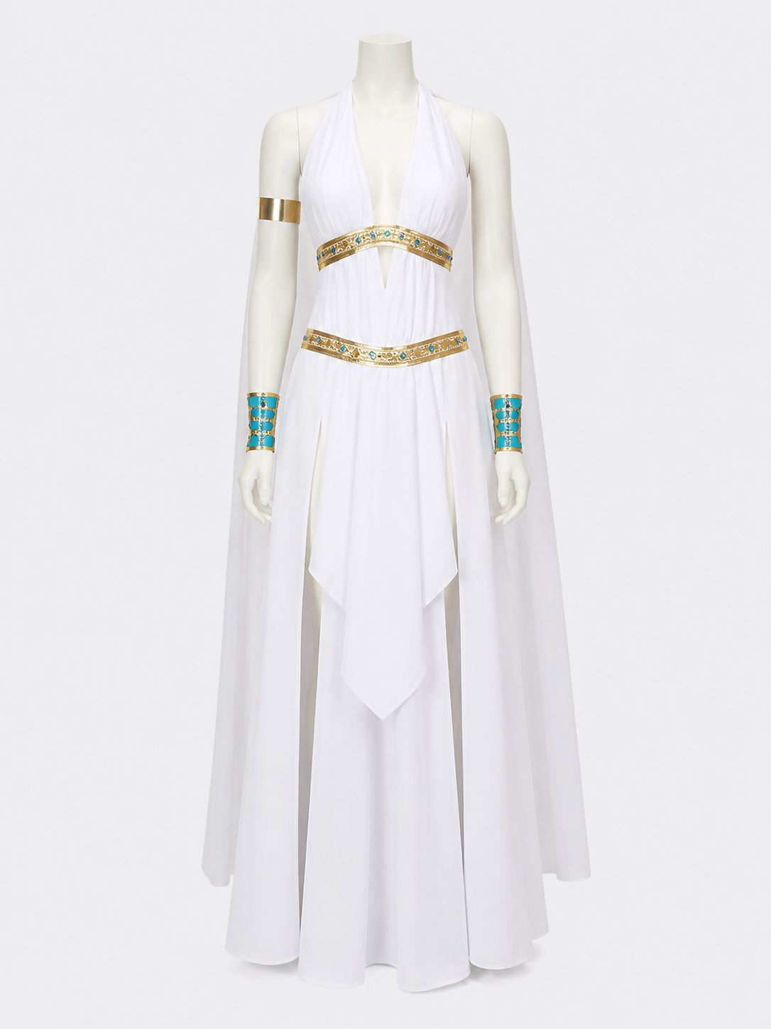 Cleopatra Costume Dress With Cape, Gold Accents and Side Slit Halloween Cosplay Costume Dresses detail