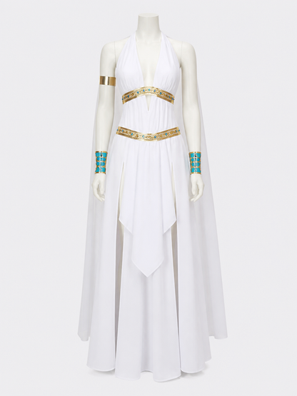Cleopatra Costume Dress With Cape, Gold Accents and Side Slit Halloween Cosplay Costume Dresses detail