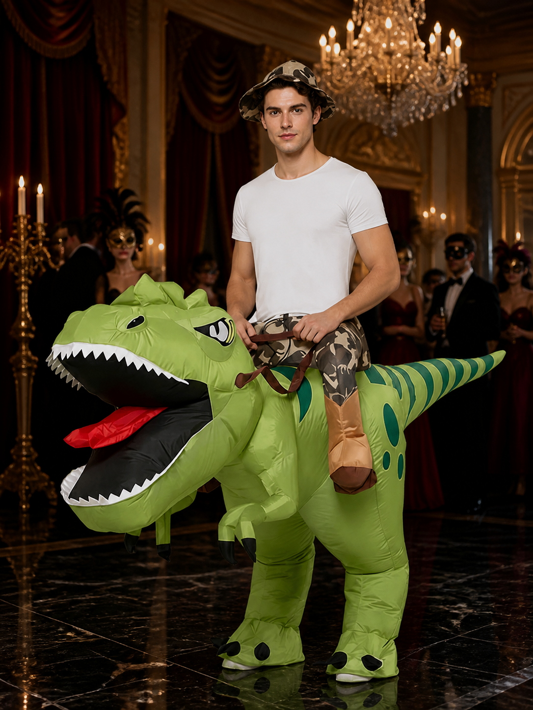 Adult Inflatable Green Dinosaur Costume, Striped Spotted T-Rex Fancy Dress with Costume Dresses detail