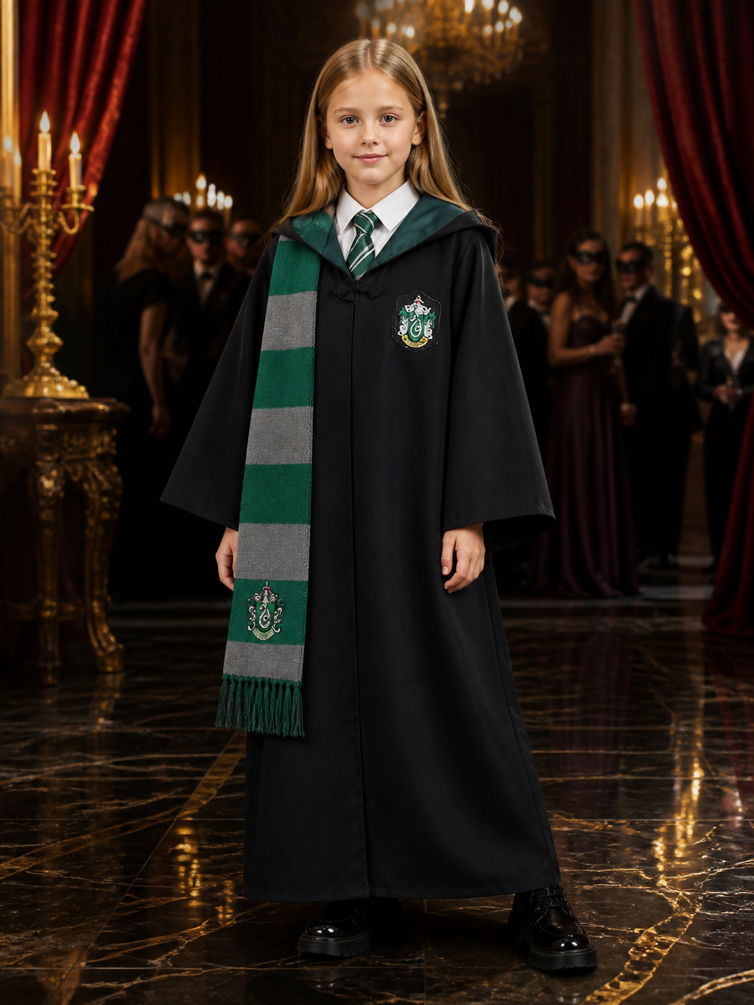 Slytherin Hooded Wizard Robe Costume Set with Tie and Scarf for Halloween Costumes detail