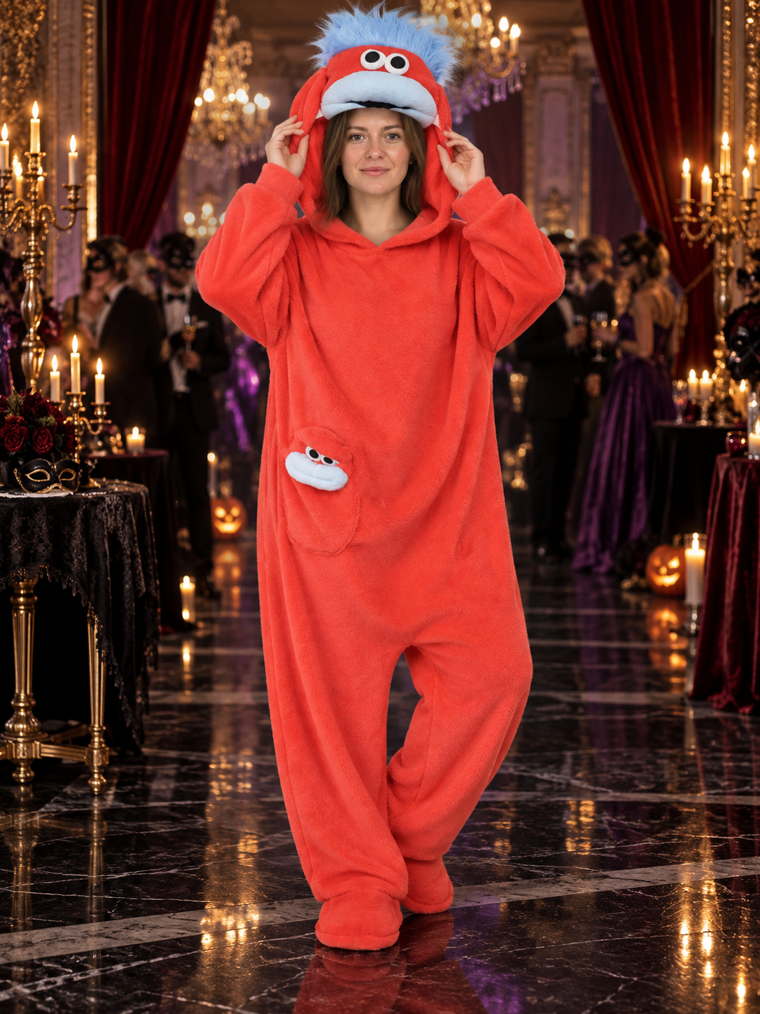 Red one-piece pajama with a big-mouthed monster design