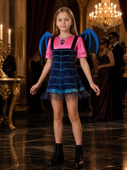 Kids Witch Costume Dress with Bat Wings, Witch Hat and Skeleton Detail Halloween Costume Dresses detail