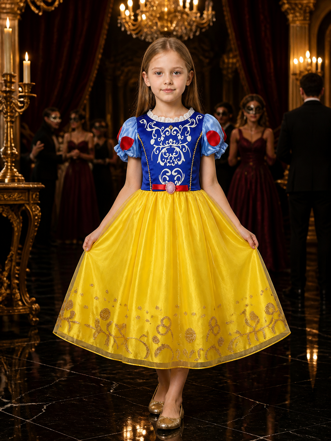 Girls Snow White Princess Costume Dress, Blue Yellow Red Short Sleeve Halloween