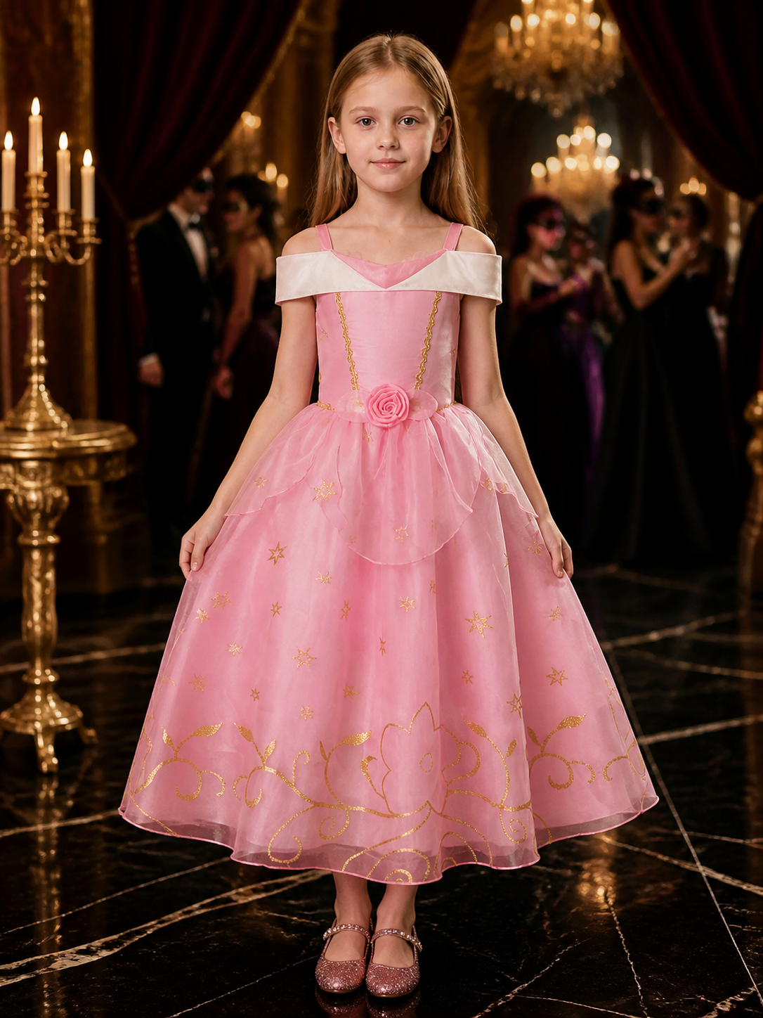 Girls Pink Princess Halloween Costume Dress With Gold Star And Floral Details Costume Dresses detail
