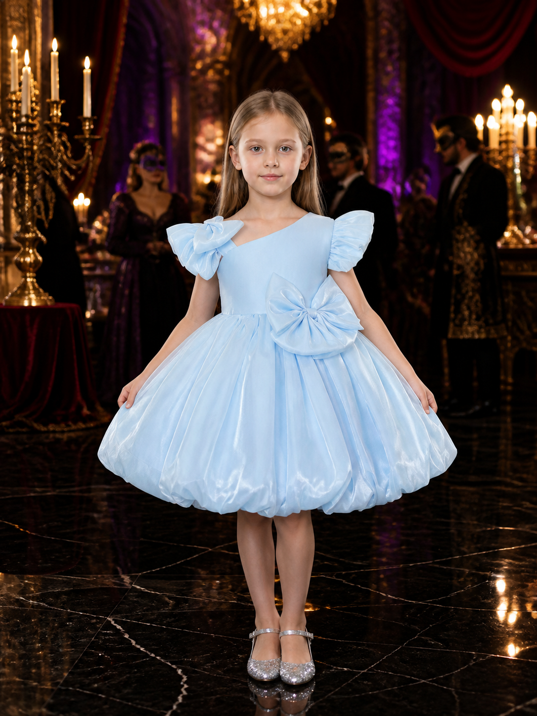 Toddler Girls' Sky Blue Princess Dress with Puff Sleeves and Bow Costume Dresses detail