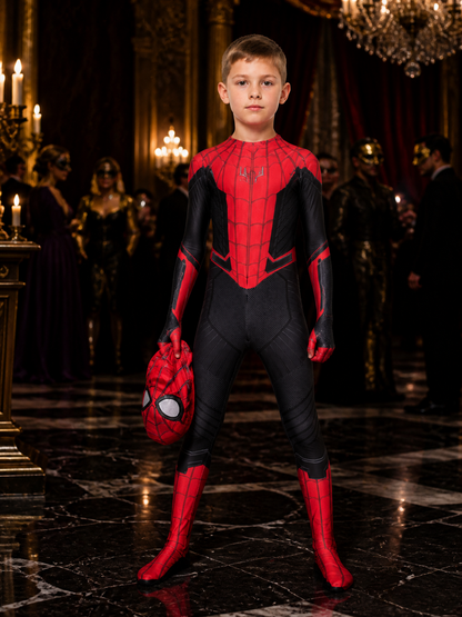 Kids Spider-Man Costume Jumpsuit, Red and Black Full-Body Suit with Mask