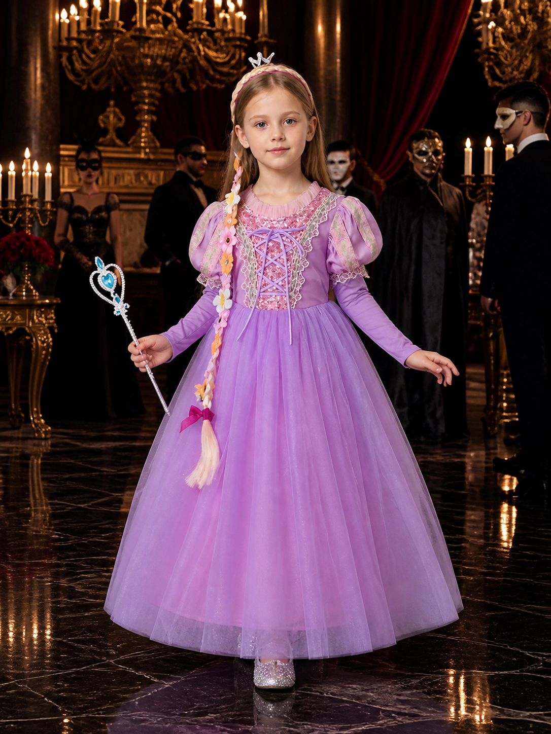 Girls Princess Costume Dress, Puffy Sleeve Tulle Ball Gown with Gold Lace Trim Costume Dresses detail