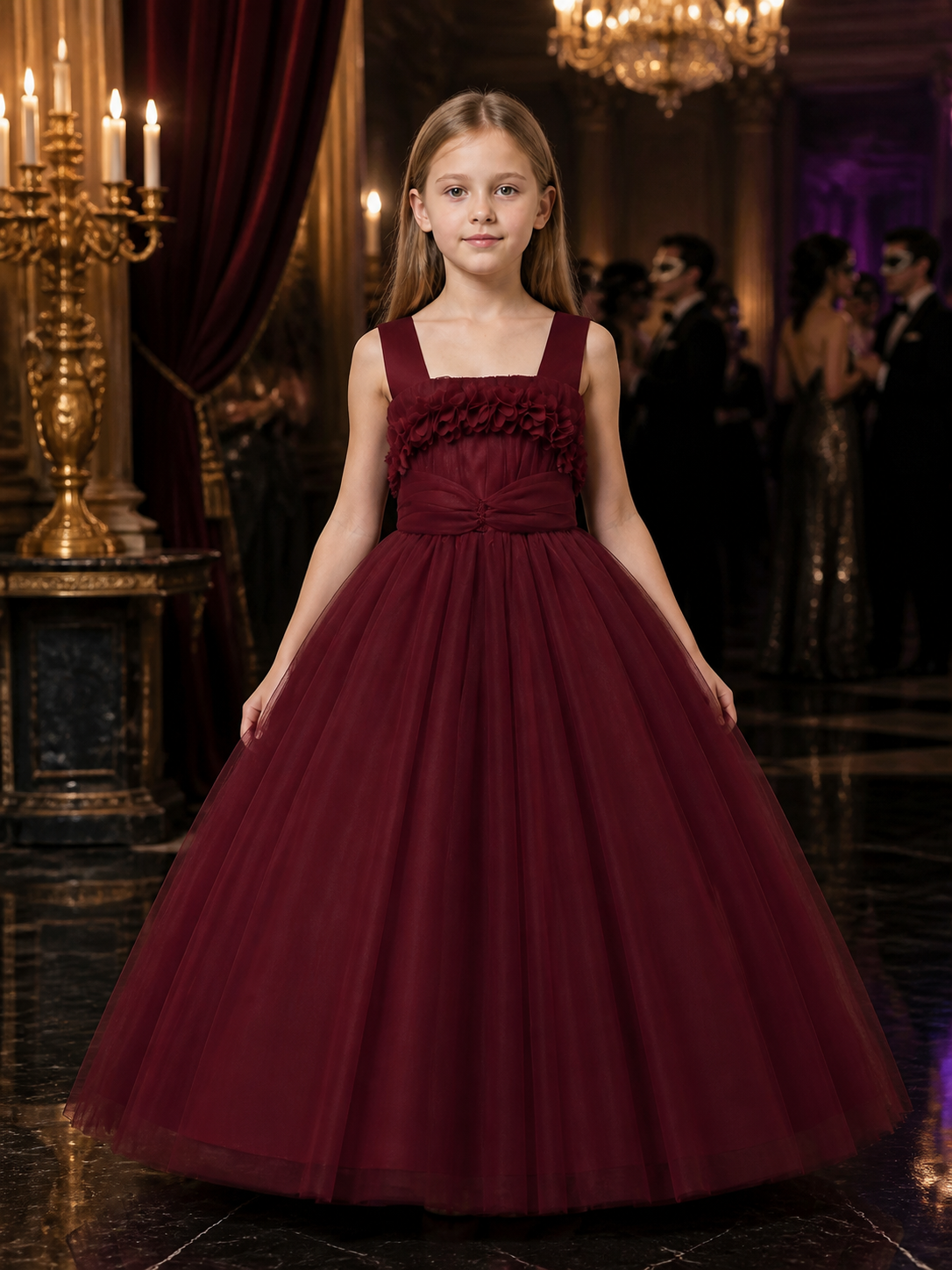Girls' Burgundy Princess Dress, Floor-Length Tulle Formal Gown with Layered Costume Dresses detail