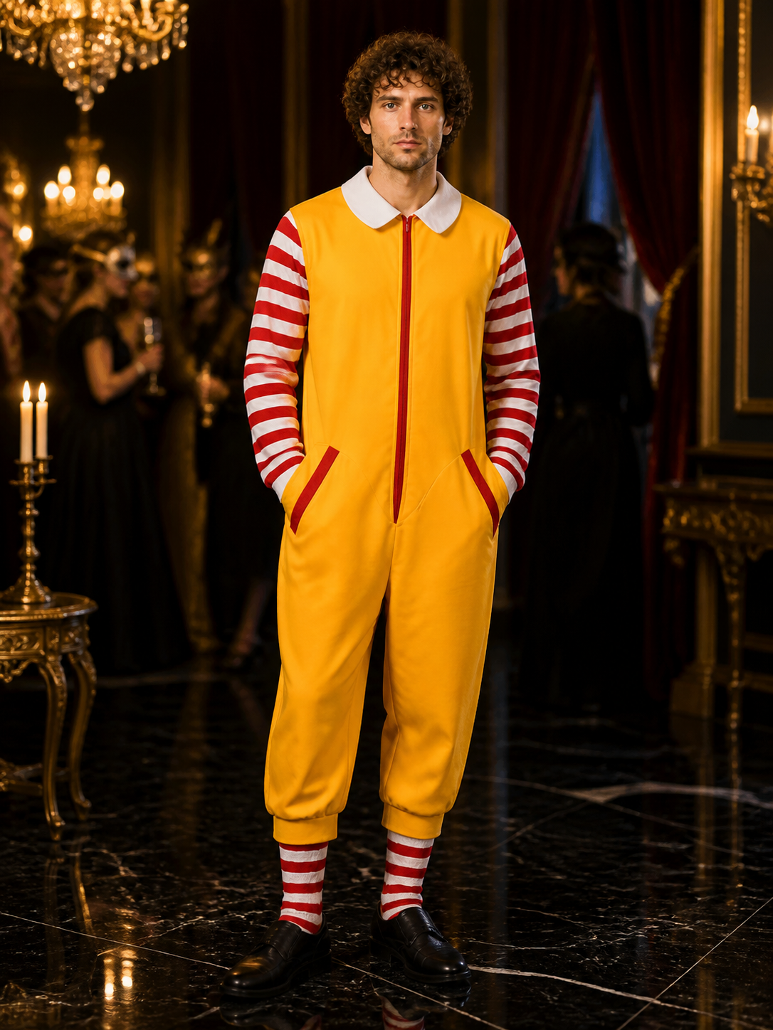 Halloween Clown Jumpsuit Costume, Orange-Yellow with Red and White Striped Costumes detail