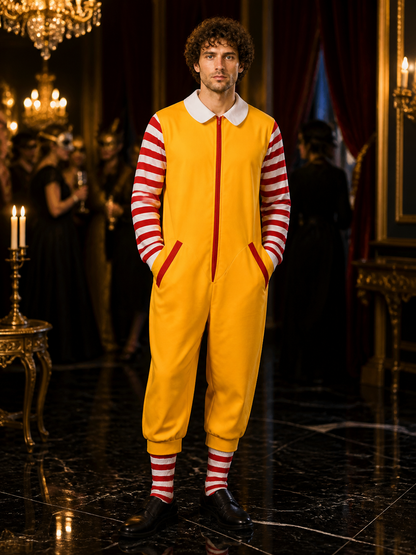 Halloween Clown Jumpsuit Costume, Orange-Yellow with Red and White Striped Costumes detail